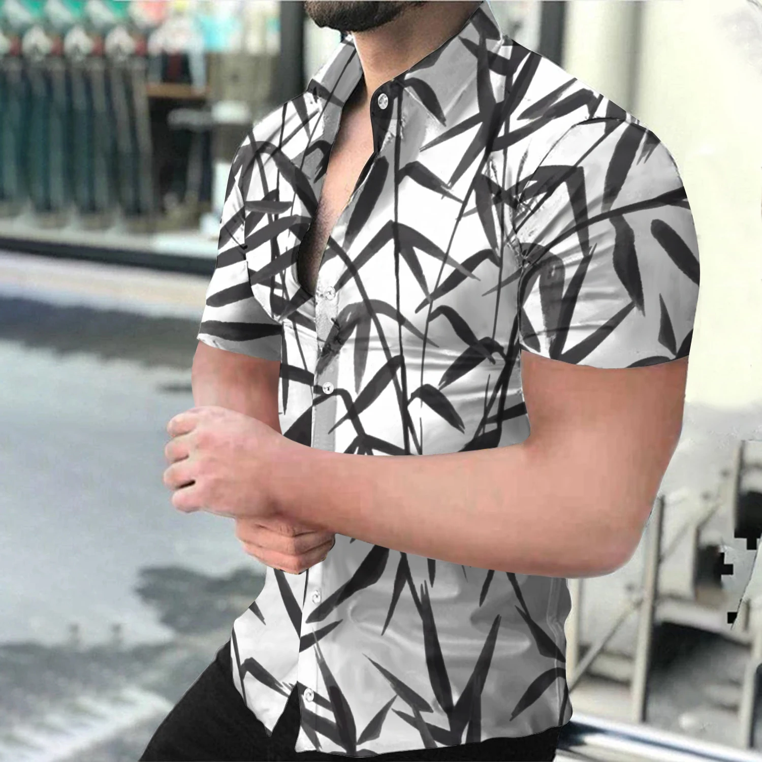 

Fashion Social Men Shirts Turn-Down Collar Buttoned Shirt Casual Bamboo Leaves Print Short Sleeve Tops Men's Clothing Cardigan