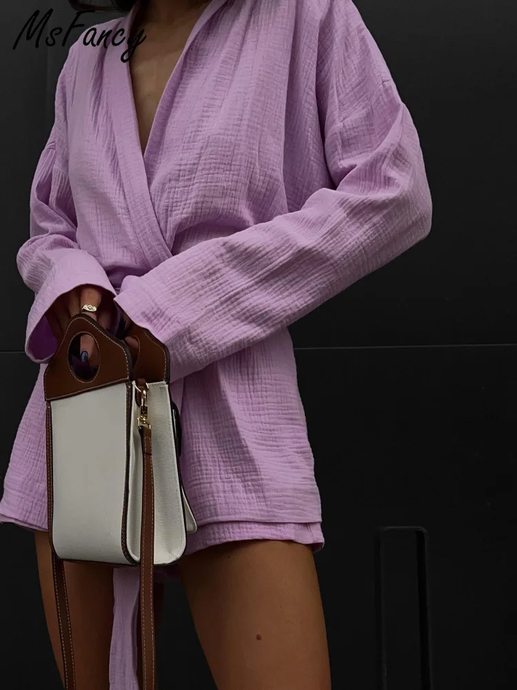 

Msfancy Vacation Two Piece Set Women Cotton Long Sleeve Tunic Lace Up Top High Waist Shorts Suit Female 2022 Loungewear Outfits