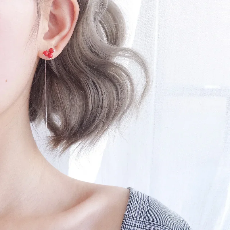 Long Bean Red Cherry Stud Earrings Korean Style Tassel Drop For Women Students Fashion Jewelry Hoop