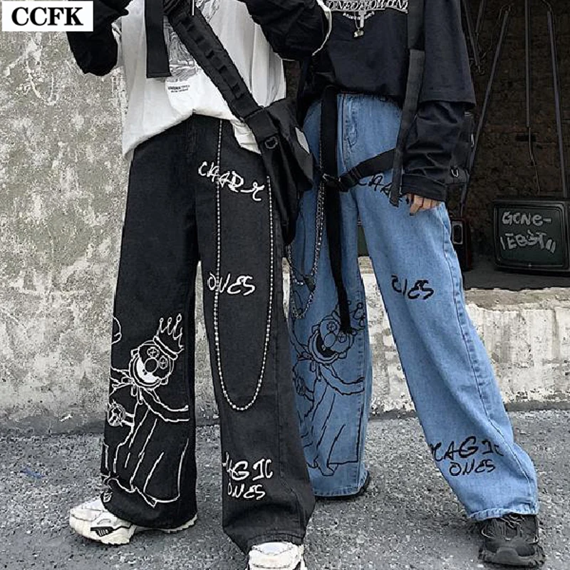 

Grunge Cartoon print Jeans Women Gothic Loose Denim Pants Egirl Emo Trousers Harajuku Autumn 90s Aesthetic Bottoms Streetwear