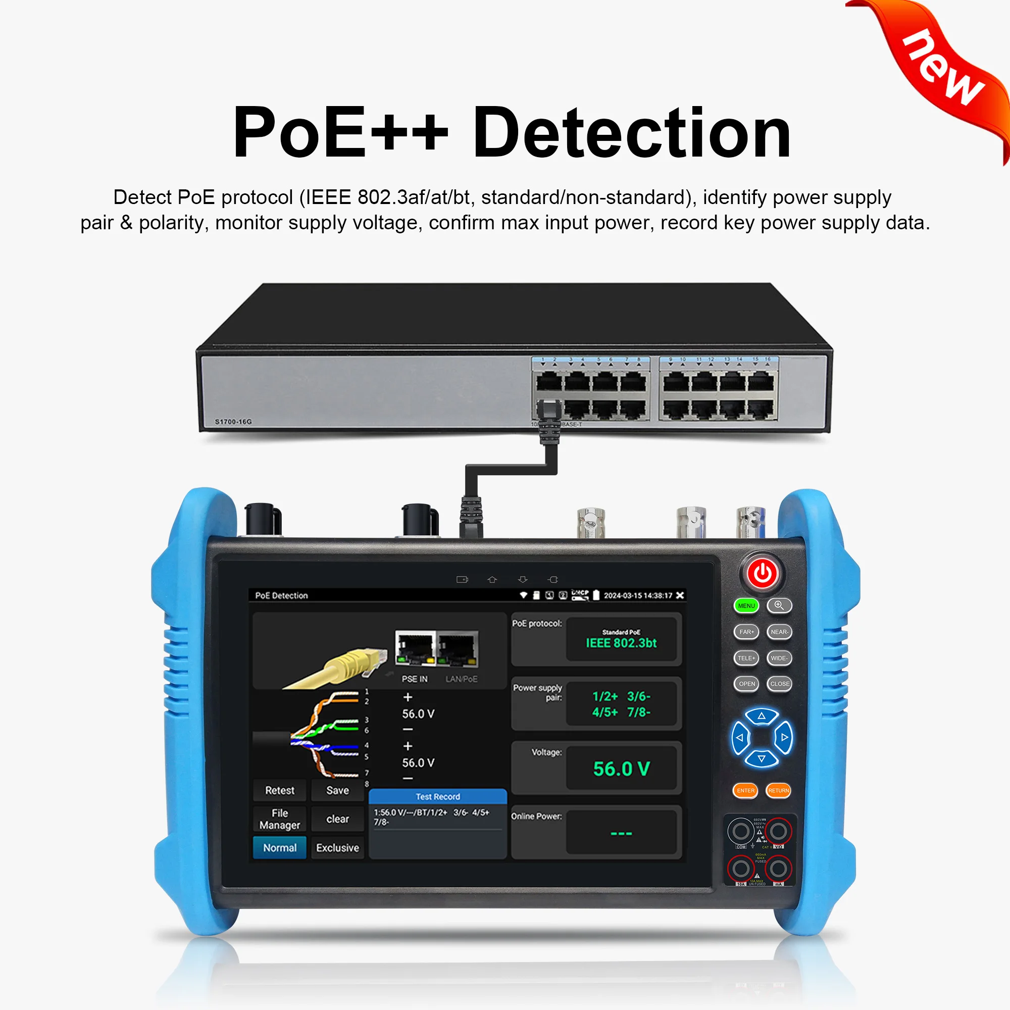 Фото Многофункциональный тестер IP-камер 8K H.265 8MP AHD/TVI/CVI/SDI с PoE++ 90 Вт, тестом кабелей RJ45 TDR и портом Gigabit SFP №3