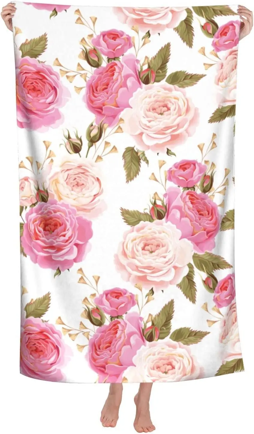 Watercolor Colorful Pink Roses With Leaves On White Bath Towel,sand Proof Beautiful Floral Flower Towel Beach
