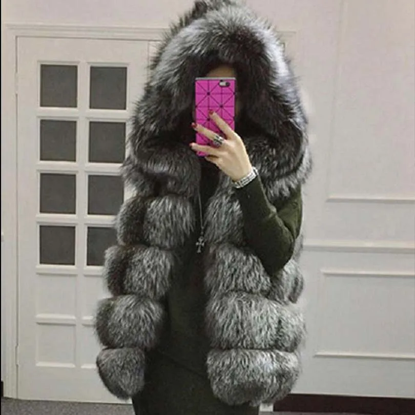 Faux Fur Winter Hooded Vest Women Warm Medium-Long Elegant Solid Color Fur Coat Artificial Fox Fur Oversize Jacket Gray Pink
