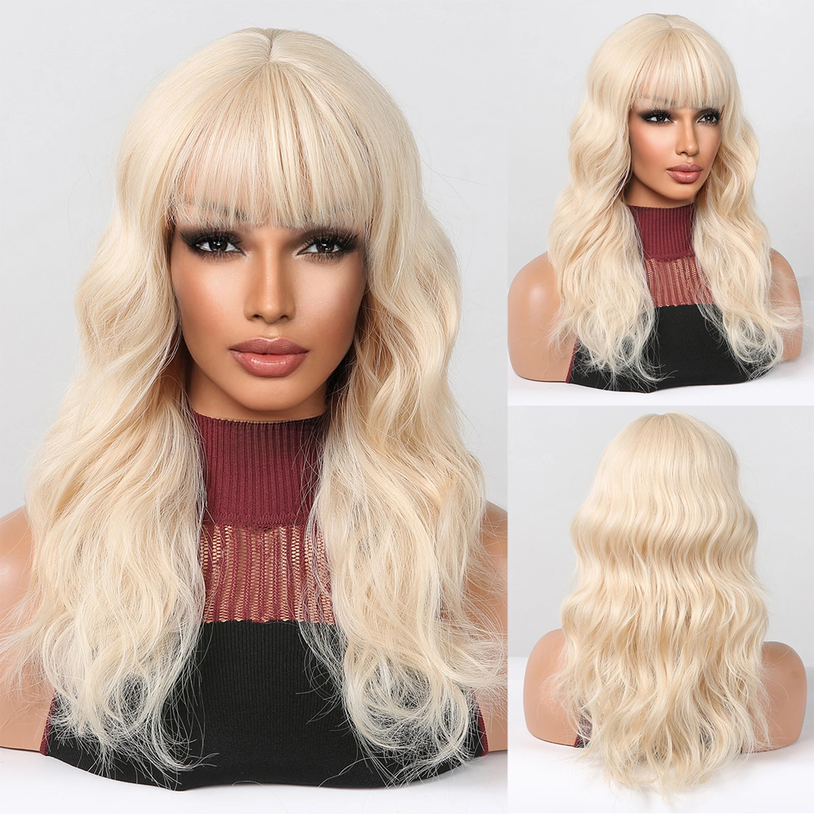 EASIHAIR Long Wavy Blonde Yellow Synthetic Wigs for White Women Lolita Cosplay Natural Wave Hair Wigs With Bangs Heat Resistant