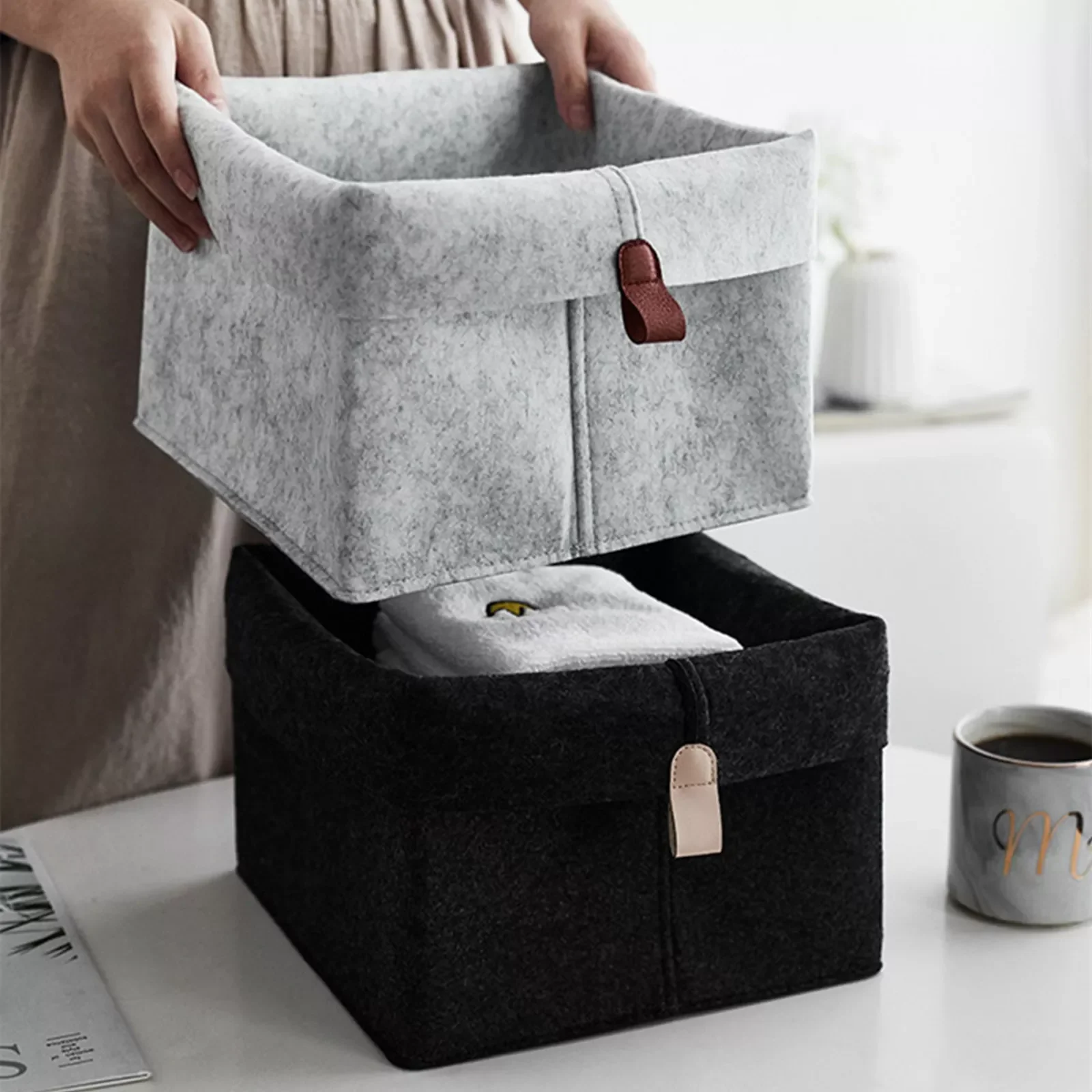 

1pc Felt Storage Basket Living Room Tea Table Black Gray Sundries Storage Basket Cloth Felt Storage Box Bedroom Socks Storage