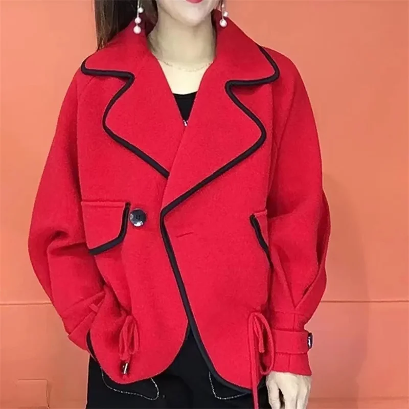 Женская двухсторонняя короткая куртка свободная шерстяная с длинным рукавом и