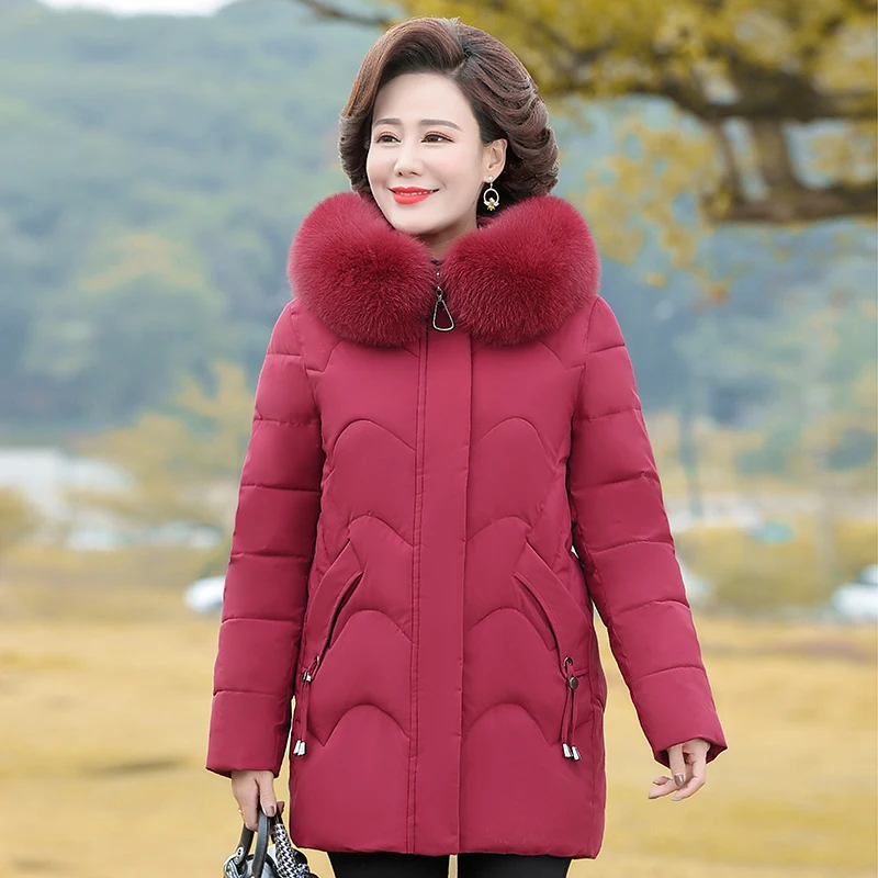 Middle Aged Women Thick Down Padded Cotton Jacket New Fashion Hooded Fur Collar Parkas Women Winter Jacket Coat Outerwear