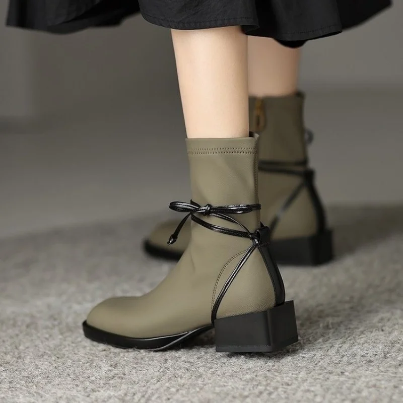 Female Boots Cross Tied Sqaure Toe Ankle Boots For Women 2023 New Arrivals Comfy Casual Shoes Woman Fashion Brand Med Heel