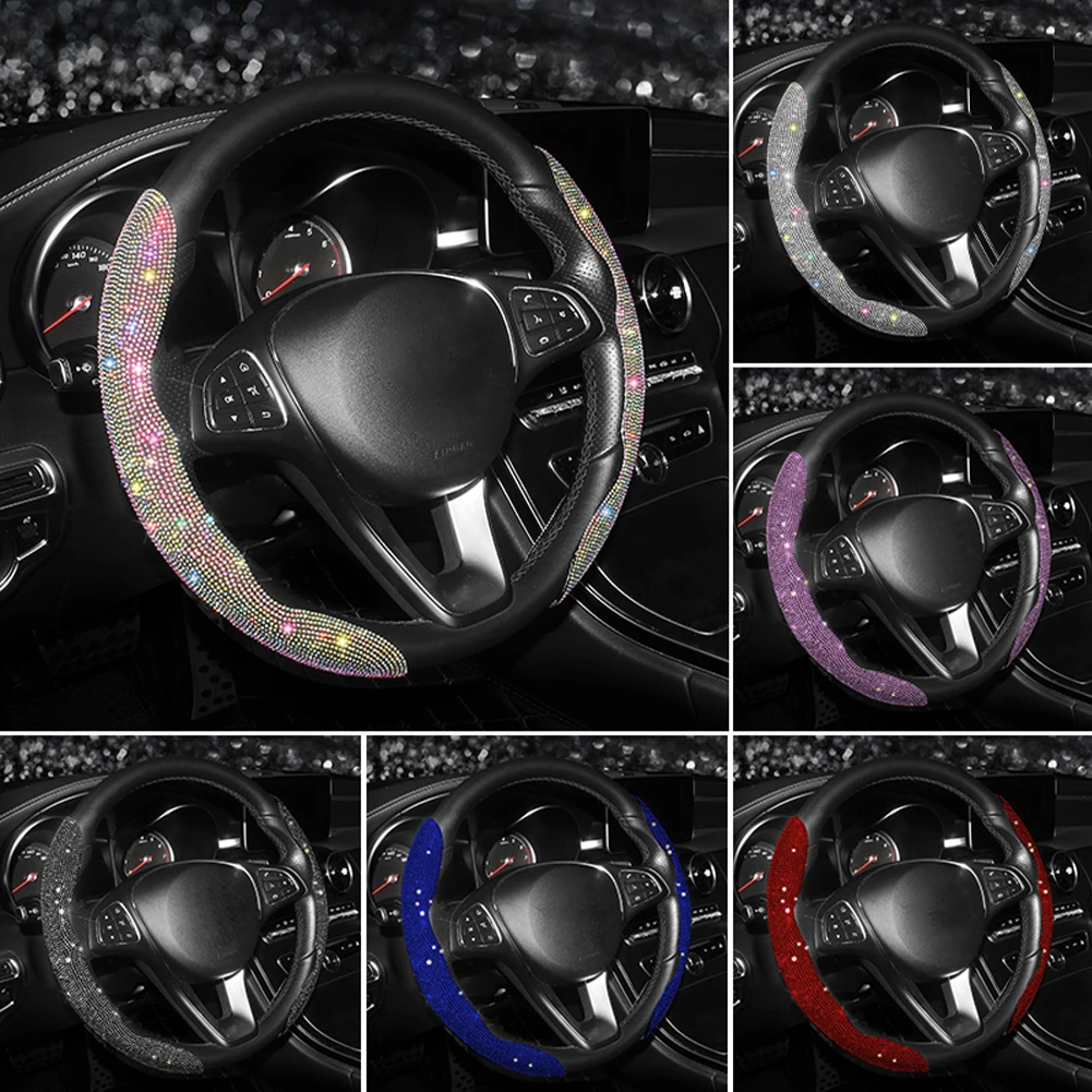 

Bling Car Steering Wheel Cover Crystal Rhinestones 15" Steering Wheel Cover Anti-Slip Decoration Interior Accessories for Women