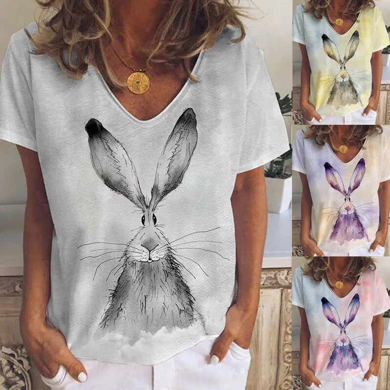 

Women Rabbit T Shirts Summer 2022 Fashion Cute Animal Print Short Sleeve Ladies Creative Tee Tops Casual V-Neck Female Pullover