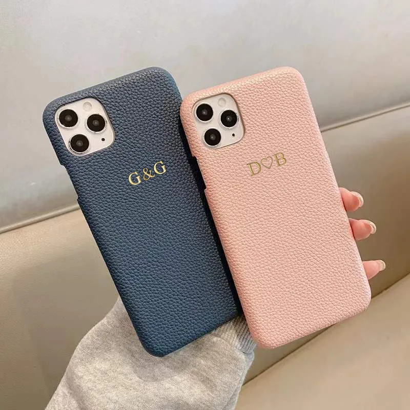 Customized Initial Gold & Silver Letters Pebble Grain Leather Case For iphone 13 Pro Max 12 11 Pro Max X XS XR 7 8 Plus SE Cover