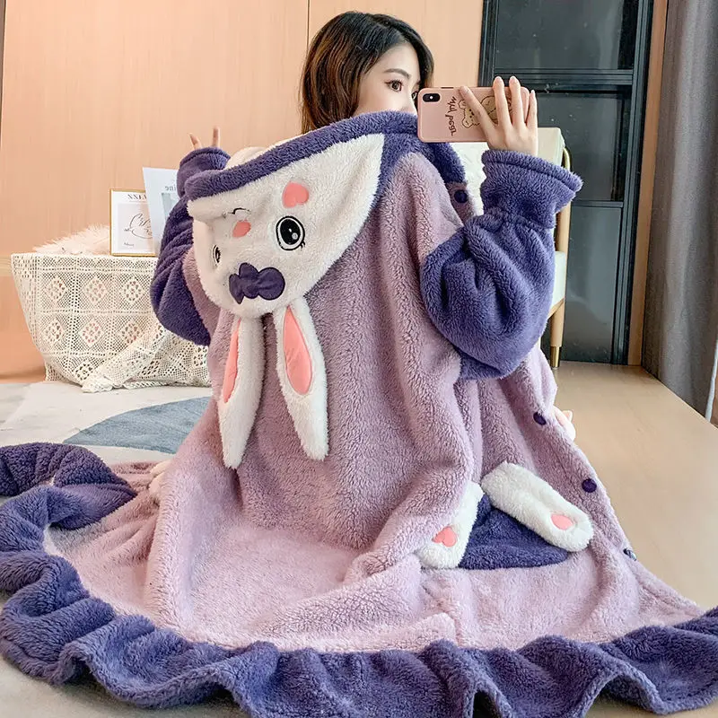 

Autumn and Winter Pajamas Ladies Coral Velvet Thick Warm Long Pajamas Home Super Cute Pajamas