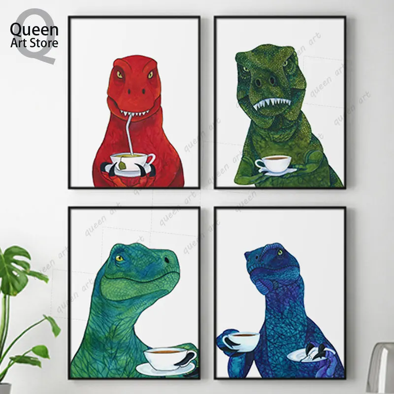 

Аниме постер питьевой кофе динозавр скандинавский мультяшный животный минималистическое Искусство Настенная картина для декора гостиной
