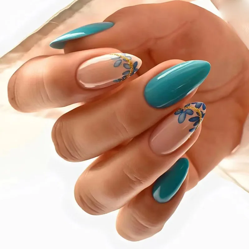 

Colorful Varied Summer Beach Fresh Lake Green Blue Flower Gold Glitter Powder Finished False Fake Nail Finished Full Cover Glue