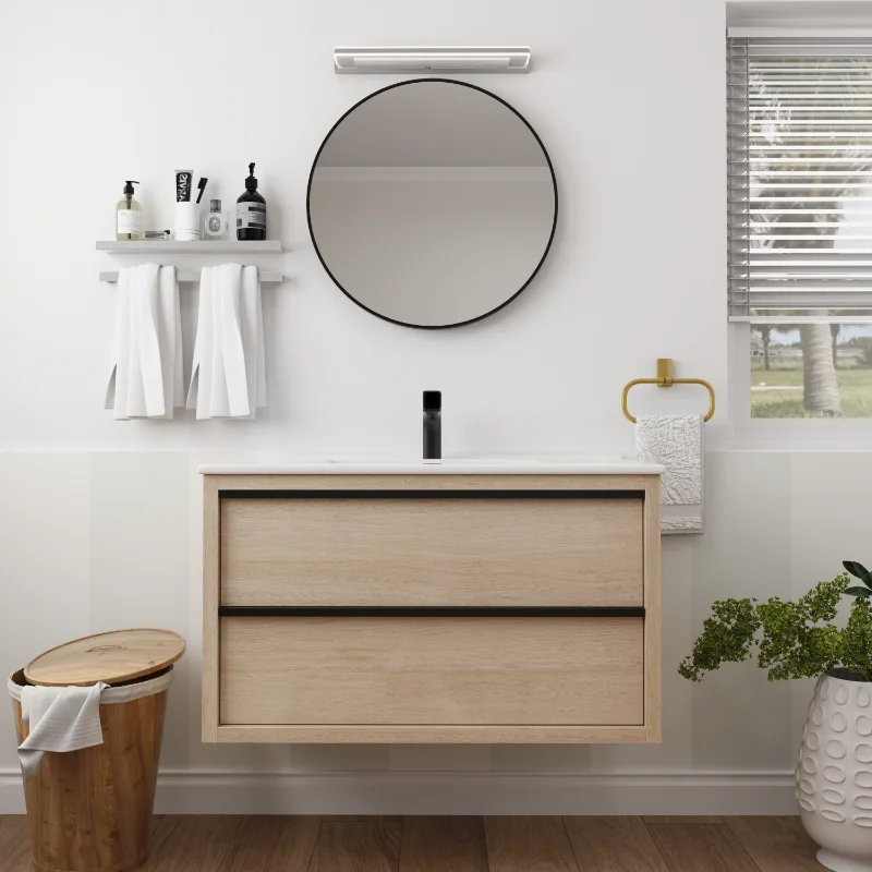 

36" Floating Wall-Mounted Bathroom Vanity with White Ceramic Rectangle Sink & 2 Soft Close Drawers Plain Light Oak