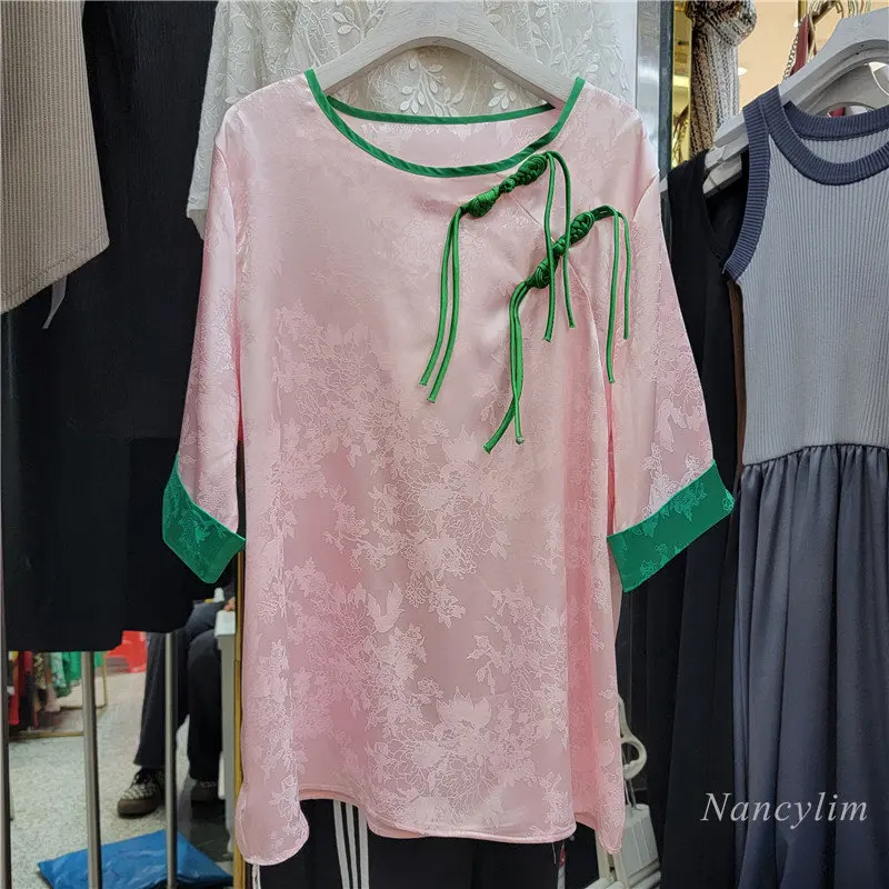 

Jacquard Shirt for Women Chic and Beautiful Pink Buckle T Shirts 2023 Spring Summer Top Round Neck Half Sleeve Pullover T-Shirt