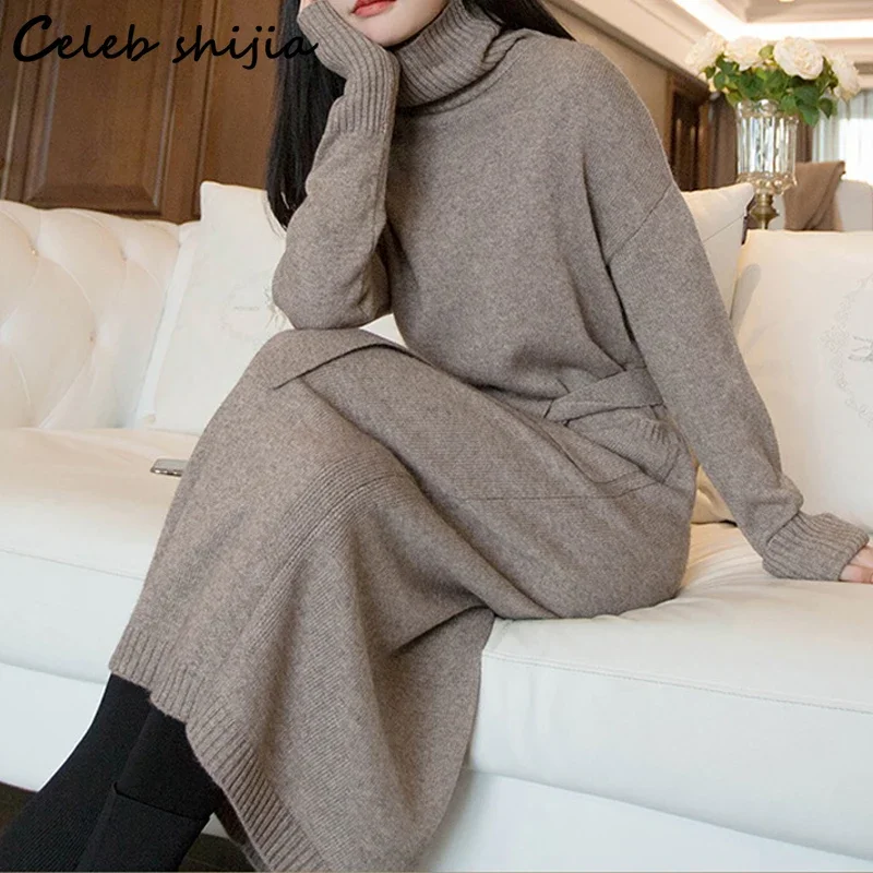 Женское шерстяное платье-свитер с высоким воротником и длинным рукавом