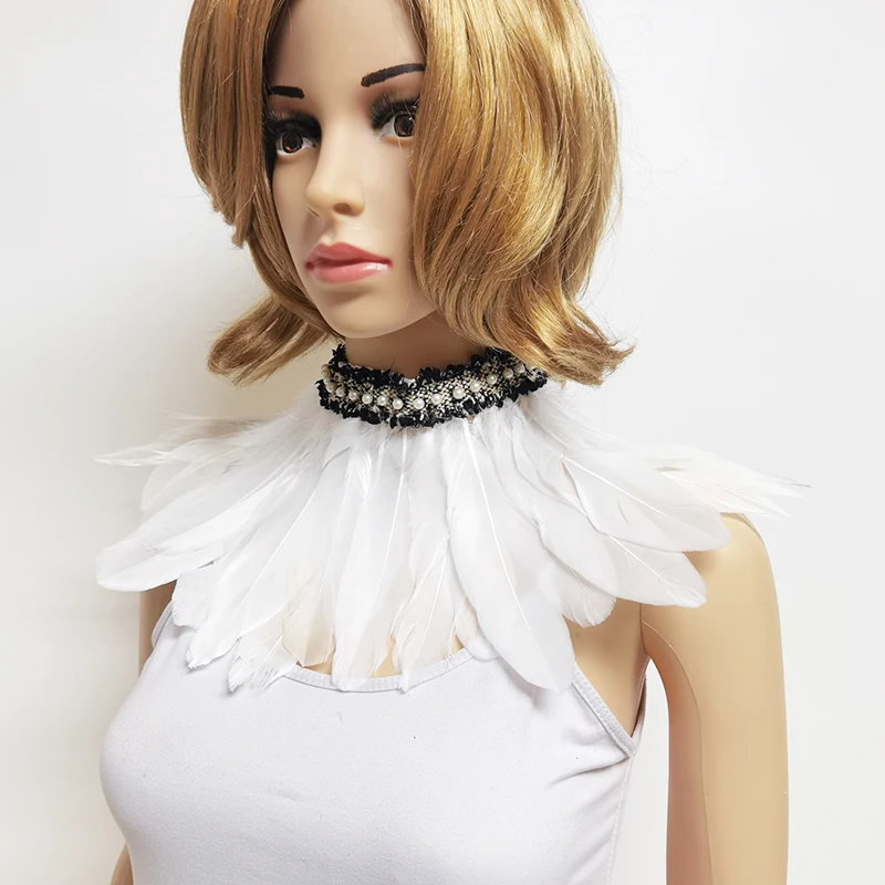 

Ошейник с искусственными перьями для косплея, Готический викторианский чокер из гусиных перьев, съемный воротник с искусственным жемчугом,...