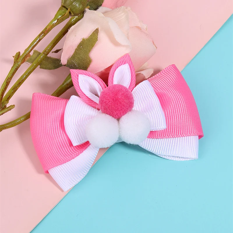 

Cute Pink Bunny Bows Hair Pins Children Kids Handmade Hair Clips with Pompom Barrettes Girls Headwear Hair Accessories Ornaments