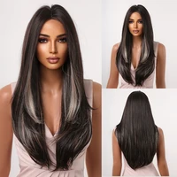 middle part long wavy synthetic hair wigs blonde highlight dark brown wig for black women heat resistant female wigs daily use