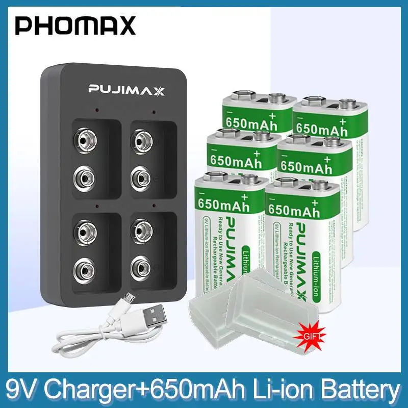 

PHOMAX 650mAh Capacity 9V Rechargeable Lithium Battery+Original Li-ion Battery Charger Set with USB Cable Battery Storage Box