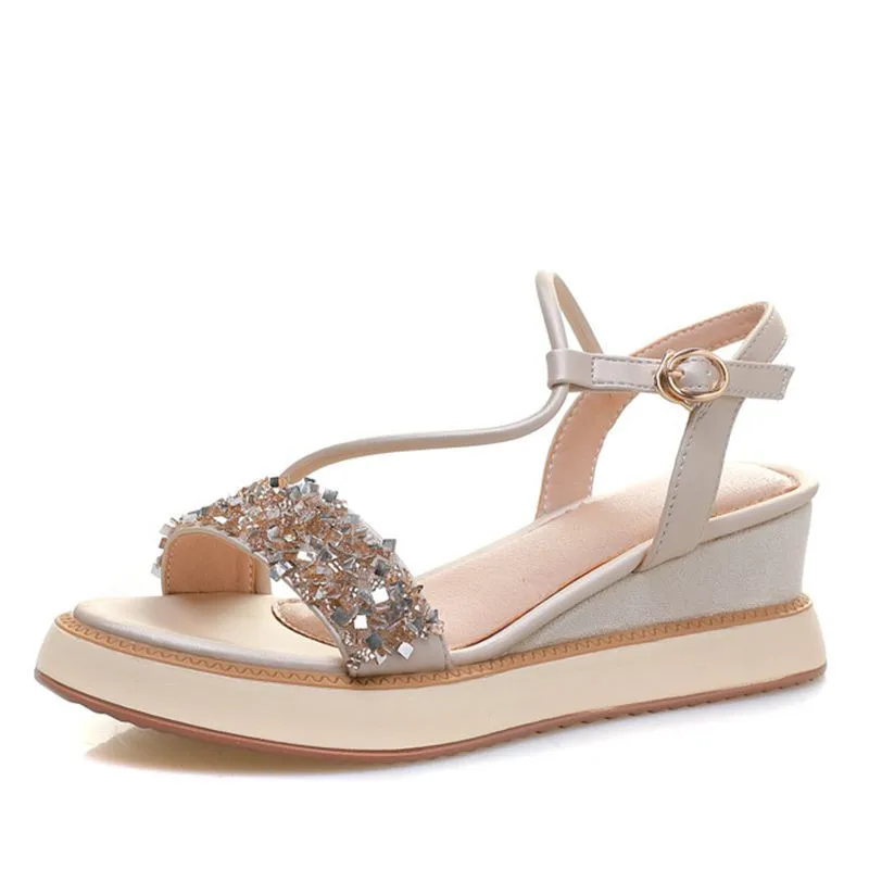 

Summer 2022 Slope Heel Sandals Women's Muffin Thick Soled Roman Shoes Fairy Style High Heel Rhinestones Increase Skid Resistance