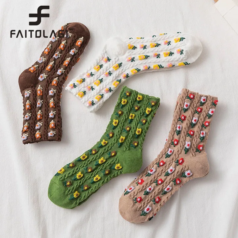 

2 пары, носки-трубы средней высоты для девочек, Японский Корейский стиль, Ретро стиль, цветочный рисунок, женские носки Harajuku Kawaii, хлопковые ды...