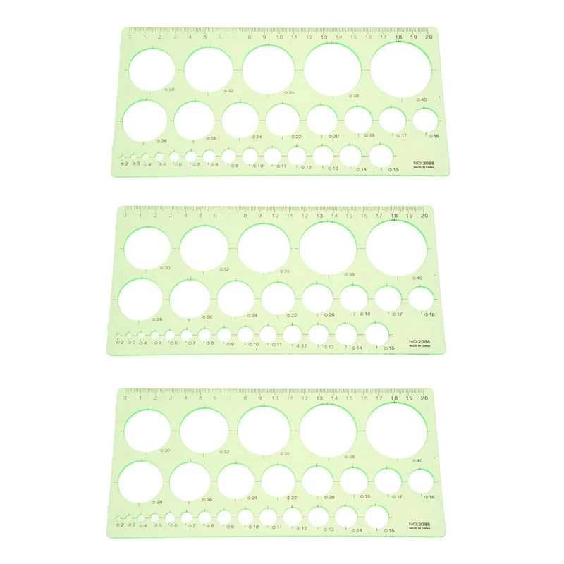 3X Green Plastic Students Rectangle Shape Drawing Circle Template Ruler