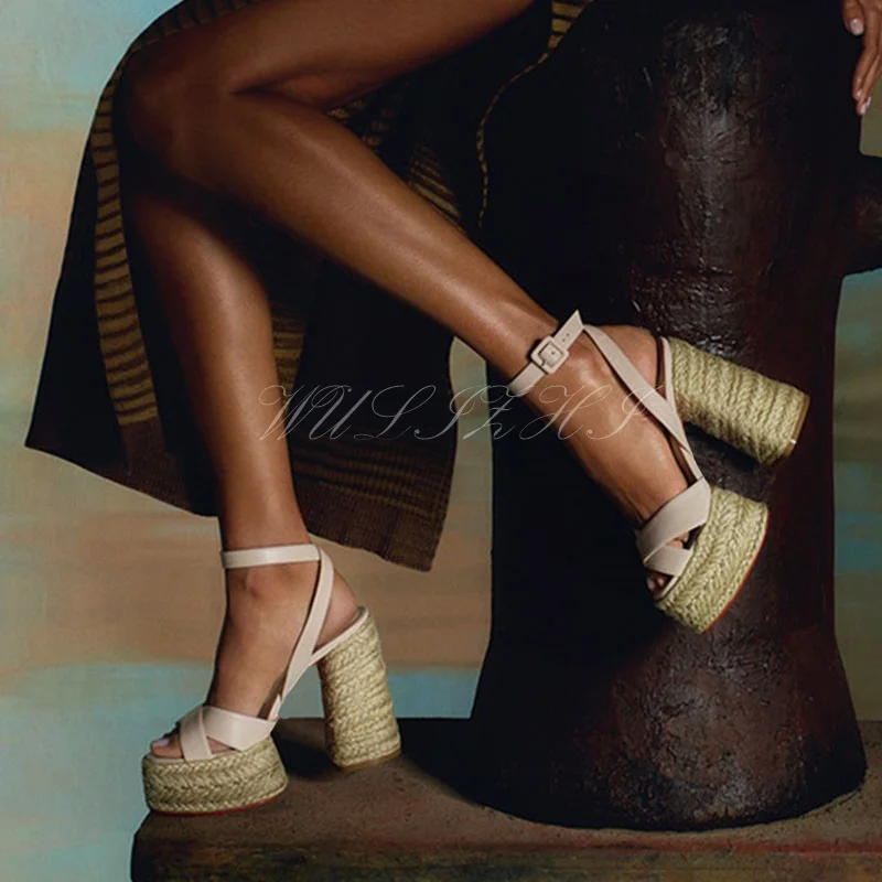 White Leather Straw Platform Heels Women Platform Buckle Sandals Black Hollow Slingback Wedge Espadarille Chunky Gladiator Shoes