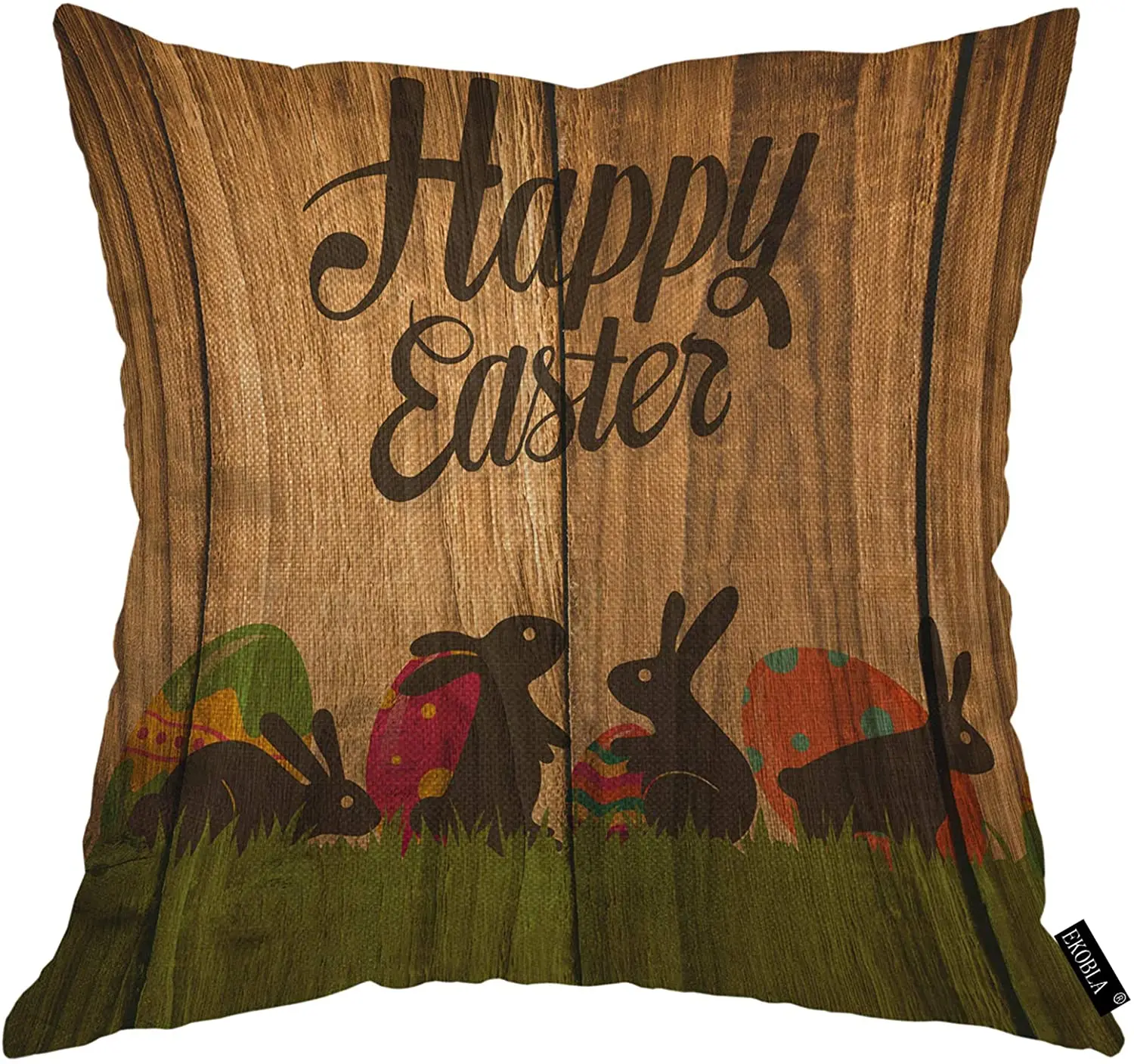 

Happy Easter Throw Pillow Covers Lovely Bunnies Colorful Eggs Wooden Decorative Square Cushion Case for Men Women Home Decor