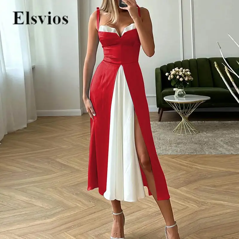 

Fashion Women Sleeveless Slim Waist Long Dress Sexy Retro Summer Tie-up Straps Party Dress Elegant Patchwork Split Pleated Dress