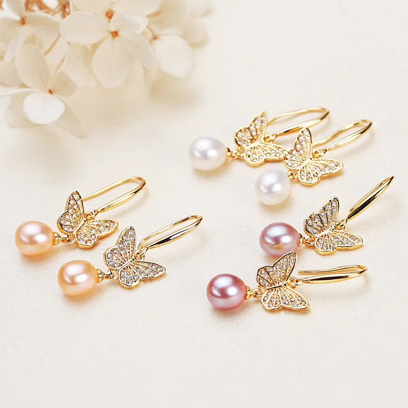 Freshwater Pearl Butterfly Earring Wholesale New Inlaid Zircon Gold Plated 7mm Pearl Eardrop Lovely and Elegant Gift for Women