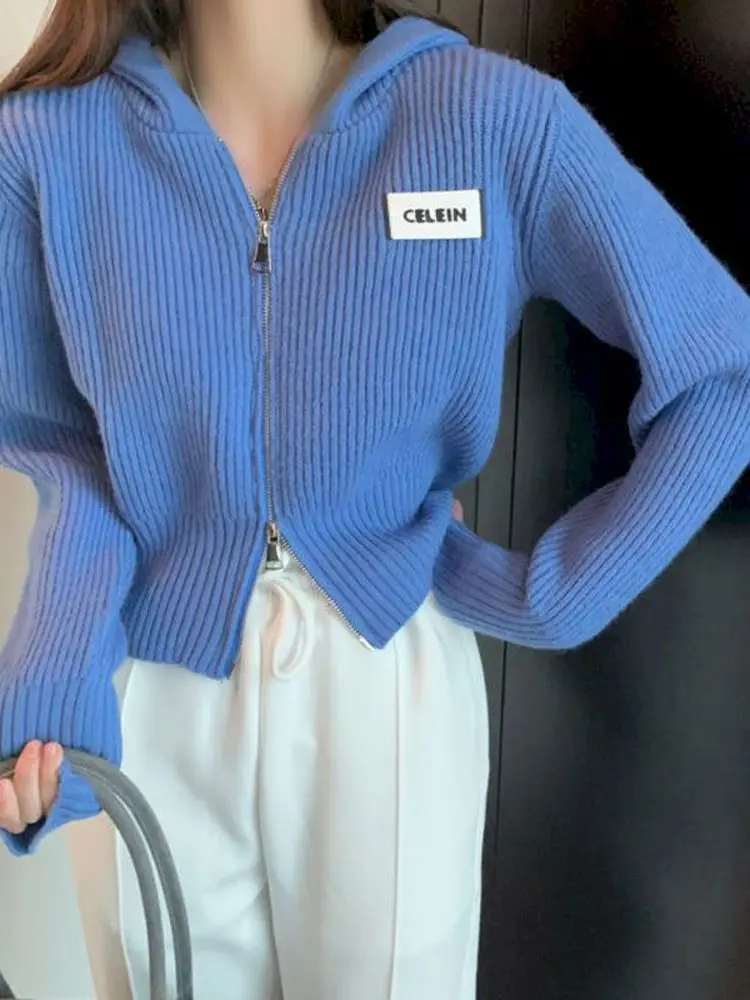 

Модный уличный свитер с капюшоном на молнии с V-образным вырезом и длинным рукавом, вязаный кардиган в стиле Харадзюку, сексуальный облегающ...