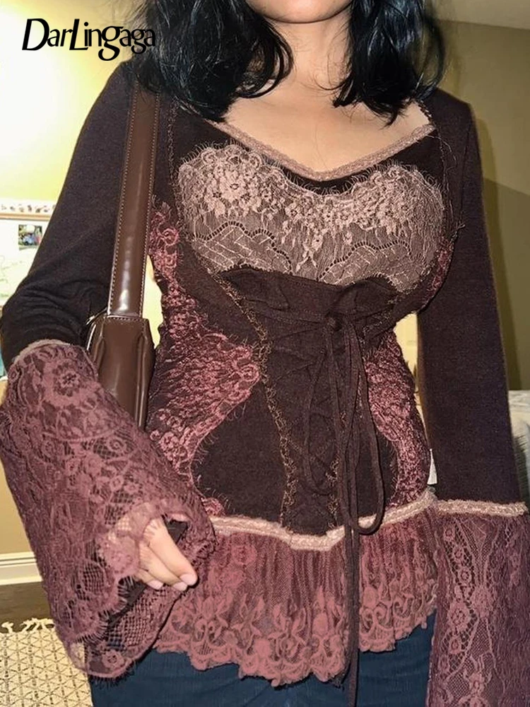 

Darlingaga Grunge Gothic Retro Y2K Women Tee Shirts Brown Lace Patchwork Fairycore Aesthetic Top Pullovers Lace Up Corset Design
