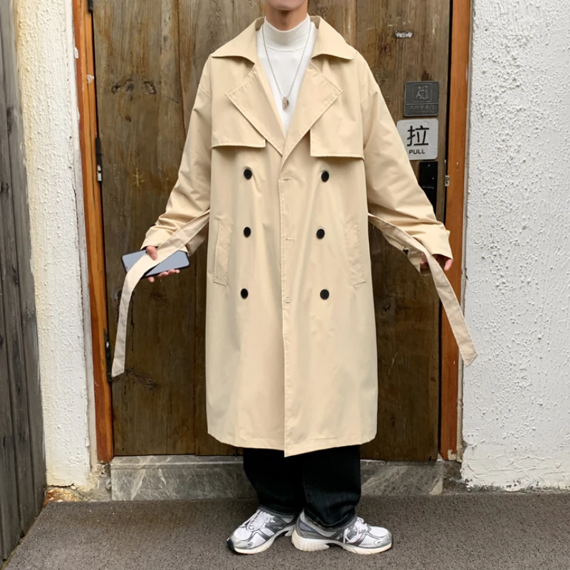

Men's Casual Double-breasted Long Over-knee Trench Mid-length Coats Fashion Trend Outerwear Black Windbreaker Large Size