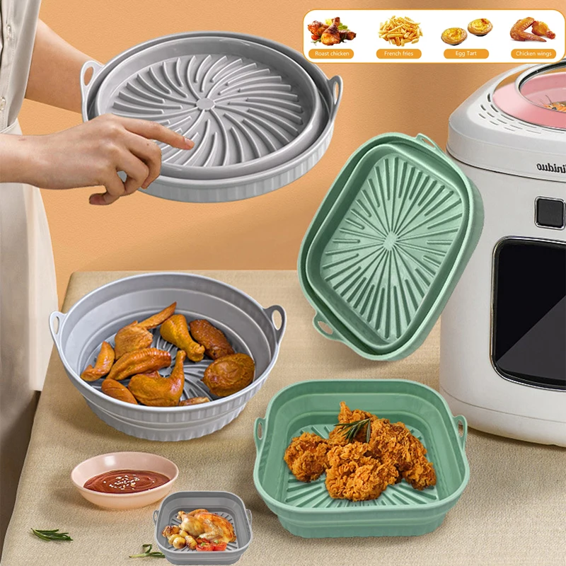 

Air Fryer Silicone Basket Foldable Round Square Mold Airfryer Oven Baking Tray Pizza Fried Chicken Basket Reusable Pan Liner