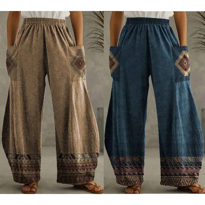 

Women Summer Print Loose Bohemian Pants Casual Vintage Fashion Elastic High Waist Pocket Wide Leg Pants Long Trousers