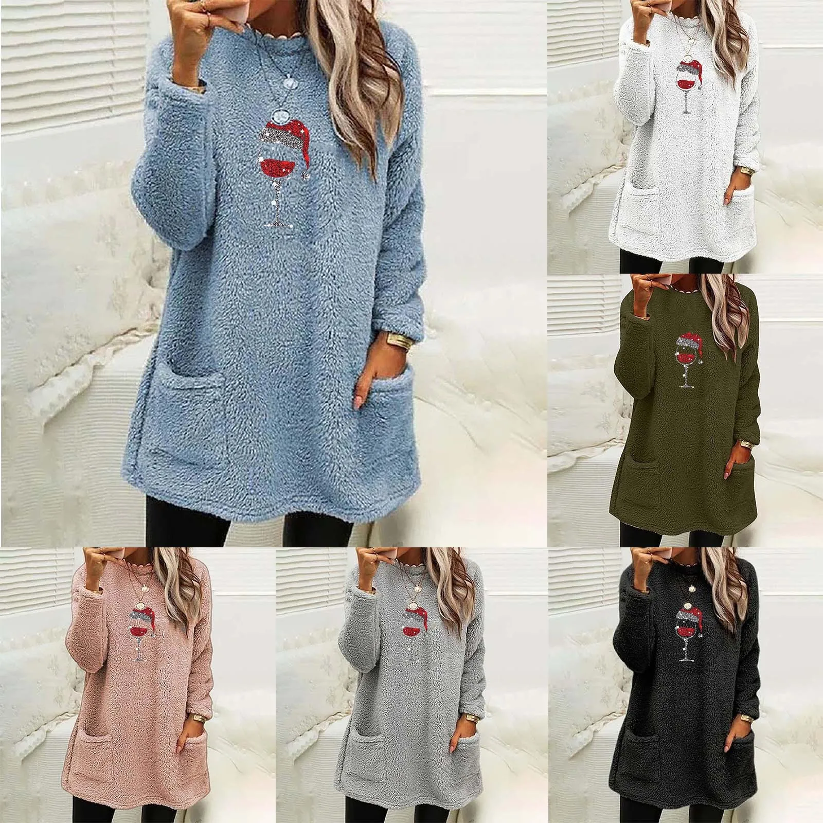 

Женская Повседневная модная Рождественская Толстовка с круглым вырезом и длинным рукавом и карманами