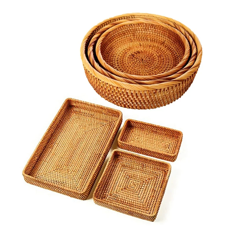 

6 Pcs Plate: 3 Pcs Handwoven Round Rattan Dining Bowl & 3 Pcs Handmade Rattan Rectangle Serving Tray Fruit Platter