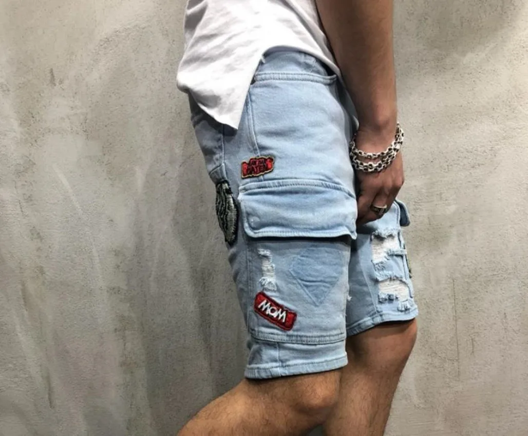 2023 Summer New ripped jeans shorts Men Vintage Stretch Straight Short Jeans Badge Pockets Hole Slim Denim Shorts Male Clothes