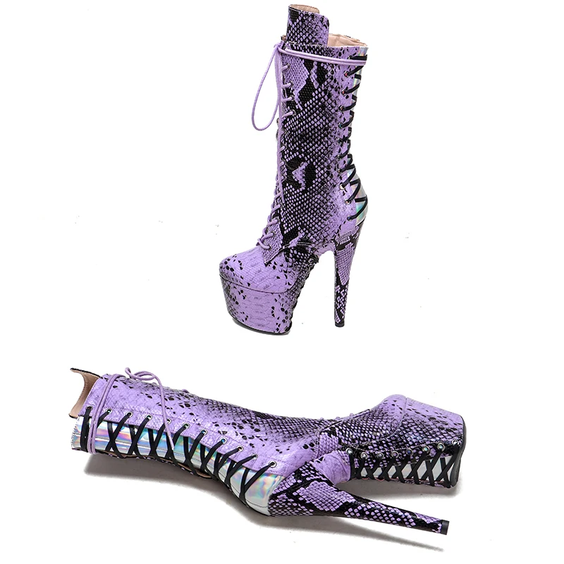 Leecabe  17CM/7inches Snake PU upper  cross lace Pole dance shoes High Heels Pole Dance boot