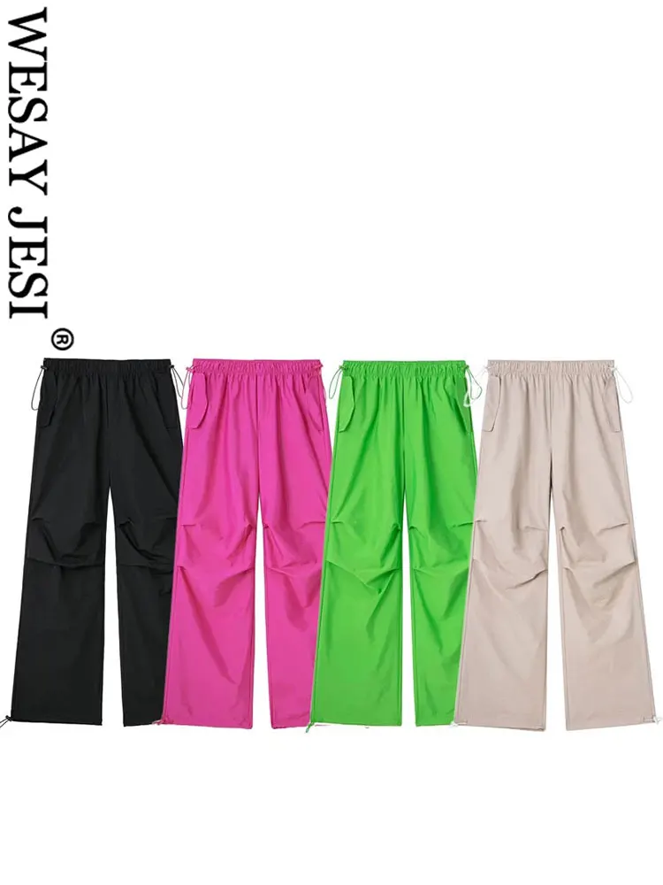 

WESAY JESI Women's Fashion Pleated Loose Wide Leg Pants Elegant Solid High Waist Drawstring Trousers Female Jogging Pants