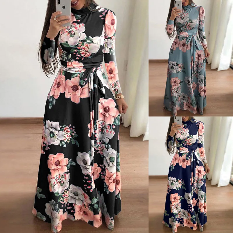 

Women Beach Dress Long Sleeve Sexy Digital Printed Dress Big Swing Vestidos De Tricô Femenino Beach Dress