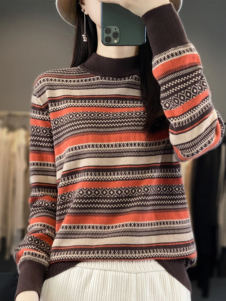 Свитер с высоким воротником в полоску стиле ретро женский вязаный низ из чесаной