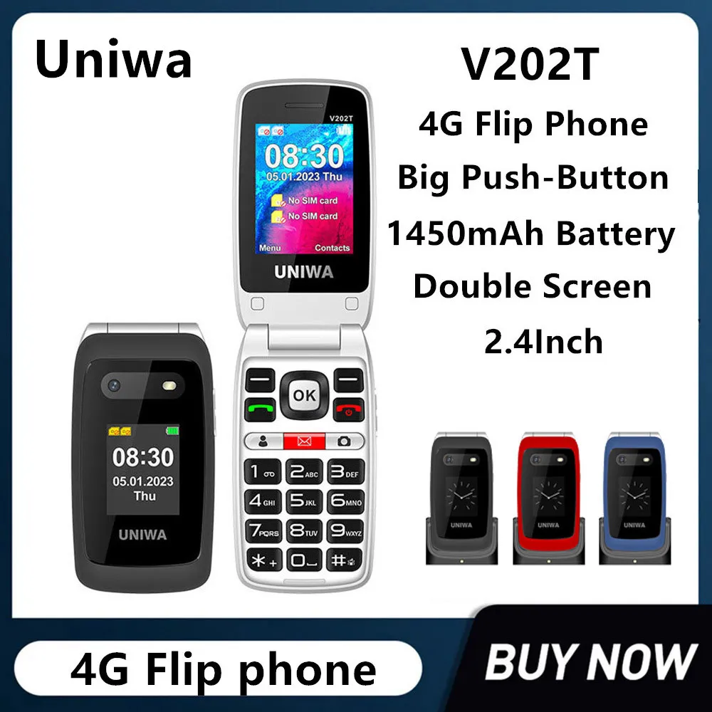 UNIWA V202T 4G функция телефона двойной экран Большой кнопочный  флип-мобильный телефон для пожилых людей 1450mAh батарея Аварийная кнопка  вызова