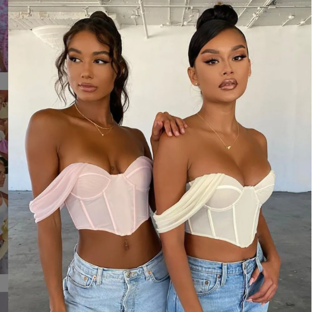 Женский укороченный топ 90-х бюстье с открытыми плечами и сетчатым рукавом