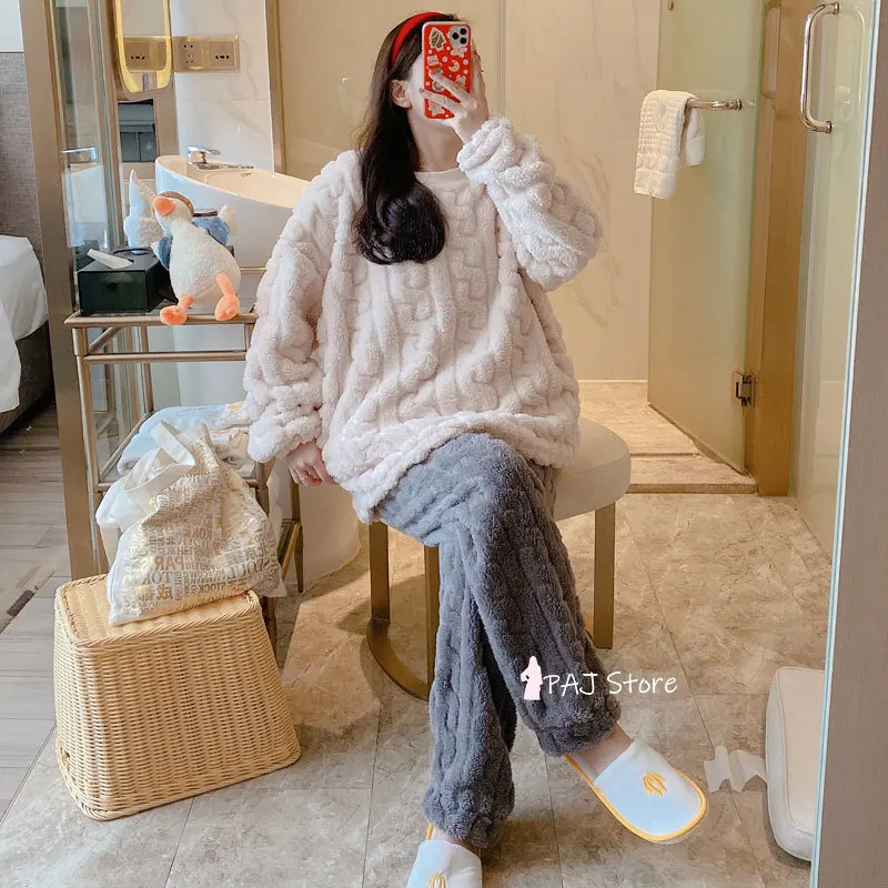 

Women Contrast Color Winter Flannel Warm Pajamas Set Thickness Sleepwear Suit Soft Pajamas for Female Pant 2 Pieces Sweater