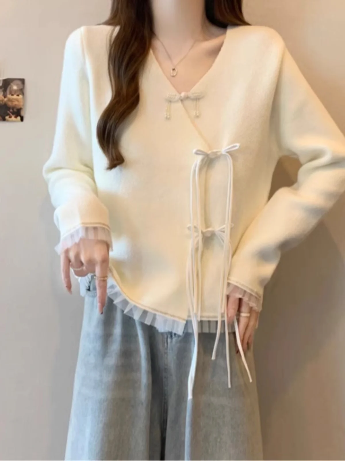 New Chinese Sle National V-neck Sweater Cardigan Outerwear Women Autumn and Winter Plus size Chubby Girl High-Grade S...