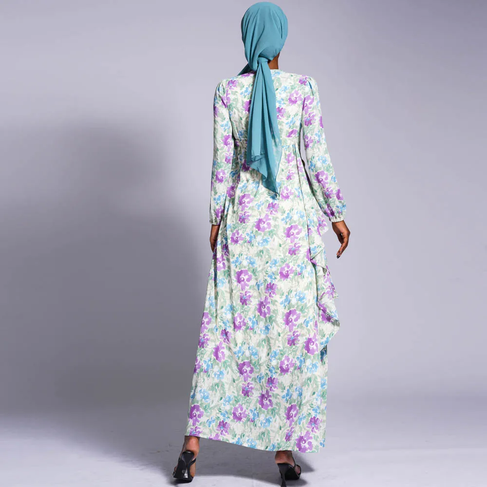 New print dress belt A slim print women's dress Islamic Muslim dress France Abaya noble luxury dress Arab Israel clothing