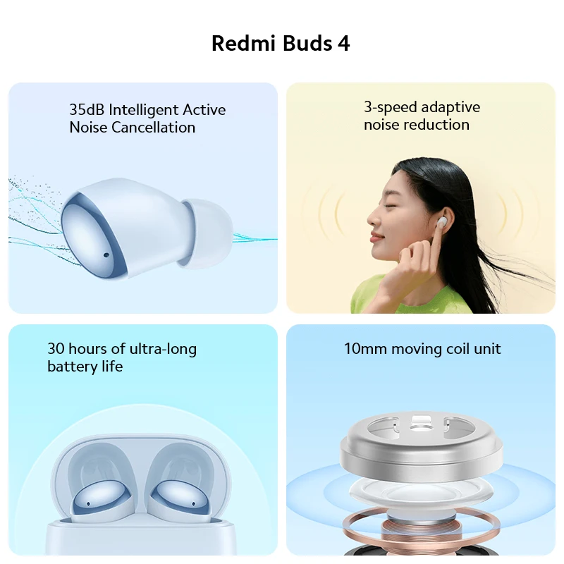 Фото Bluetooth-наушники Xiaomi Redmi Buds 4, Tws, водонепроницаемые, с шумоподавлением №2